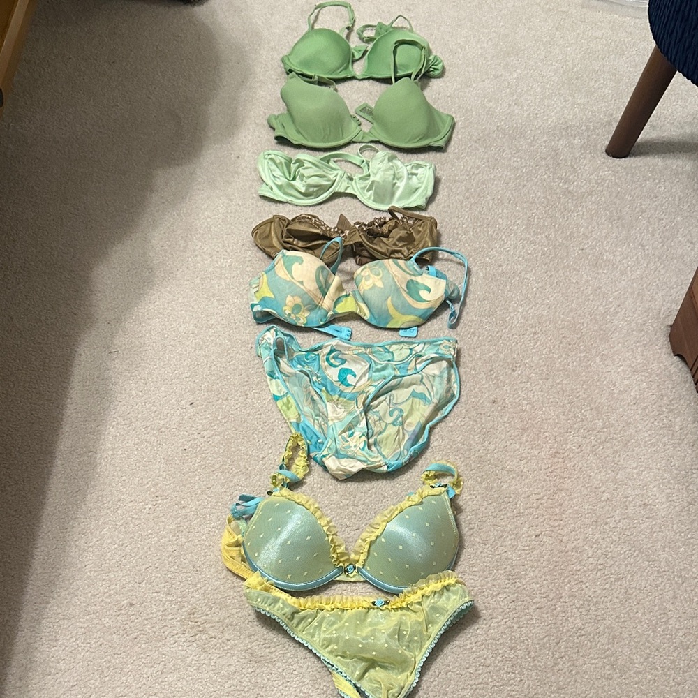 Greens and blue bras and panties.
